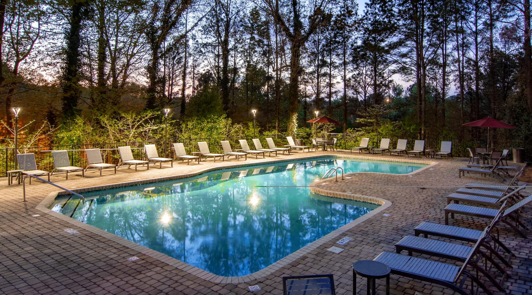 Thriving Home Environments pool with lush landscaping and night-lighting